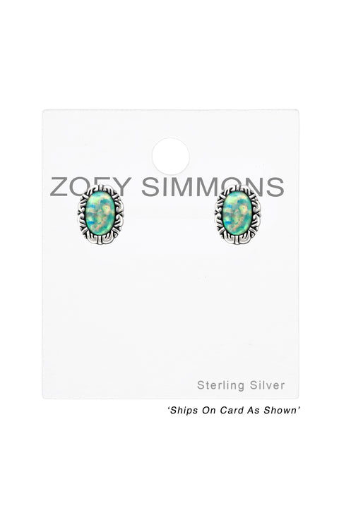 Sterling Silver Oval Ear Studs With Opal - SS
