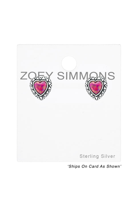 Sterling Silver Heart Ear Studs With Opal - SS