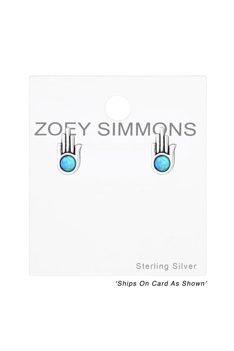 Sterling Silver Hamsa Ear Studs With Opal - SS