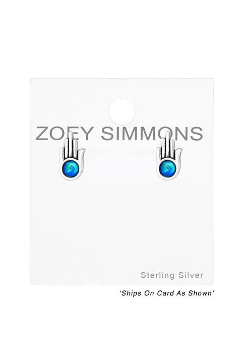 Sterling Silver Hamsa Ear Studs With Opal - SS