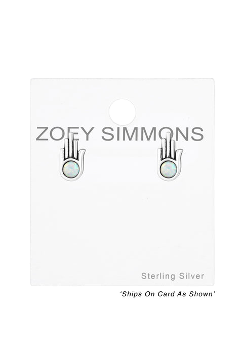 Sterling Silver Hamsa Ear Studs With Opal - SS