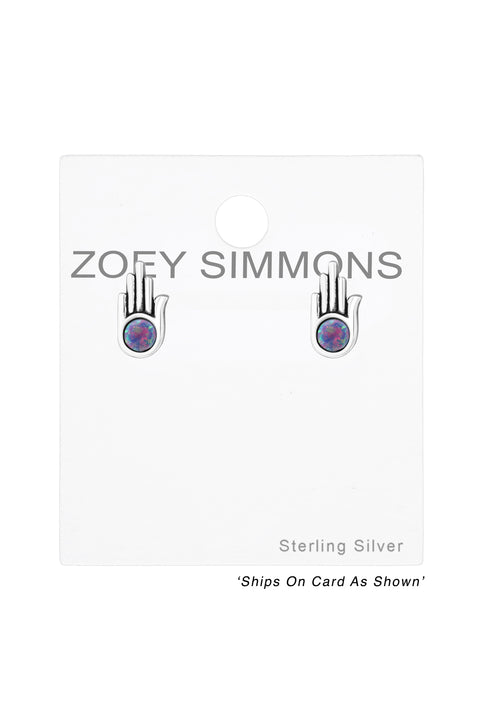 Sterling Silver Hamsa Ear Studs With Opal - SS
