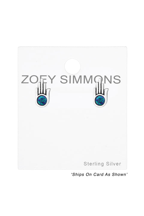 Sterling Silver Hamsa Ear Studs With Opal - SS