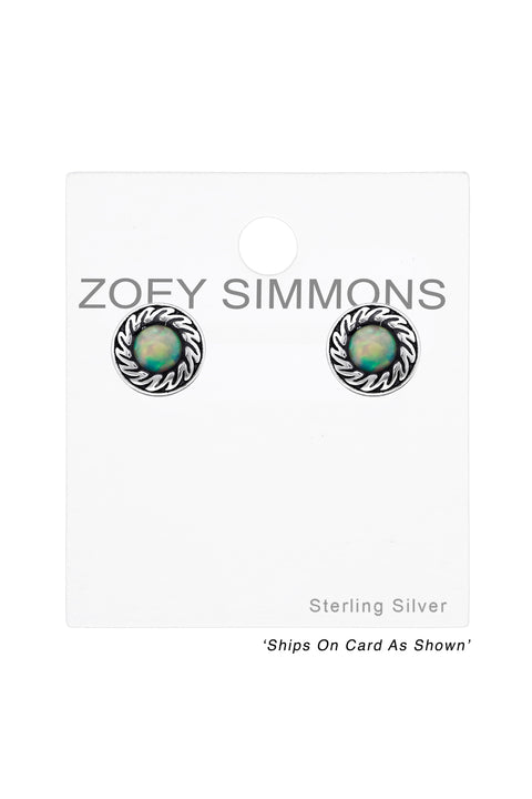 Sterling Silver Round Ear Studs With Opal - SS