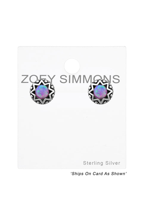 Sterling Silver Round Ear Studs With Opal - SS
