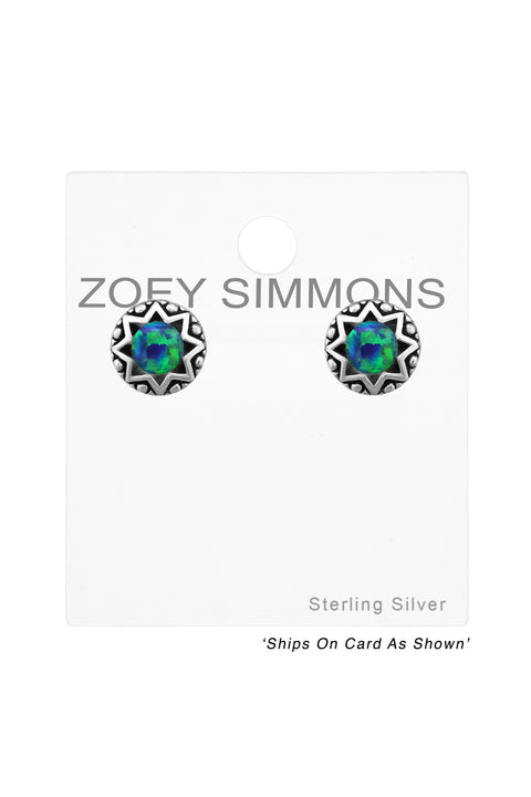 Sterling Silver Round Ear Studs With Opal - SS