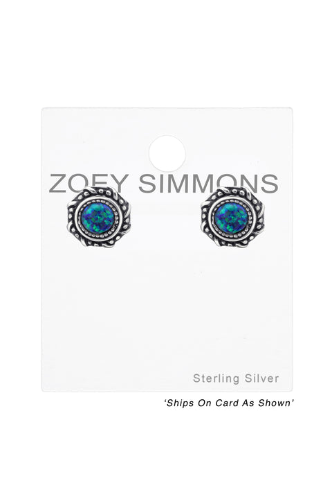 Sterling Silver Round Ear Studs With Opal - SS