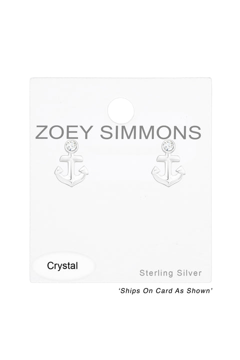 Sterling Silver Anchor Ear Studs With Crystal - SS