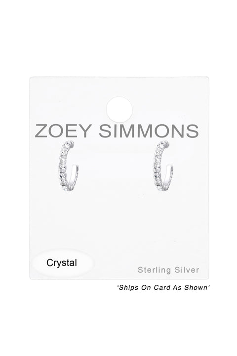 Sterling Silver Semi Hoops Ear Studs With Crystal - SS