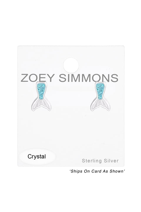 Sterling Silver Mermaid Tail Ear Studs with Crystal - SS