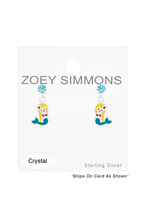 Sterling Silver Ear Studs & Hanging Mermaids & Crystal - SS
