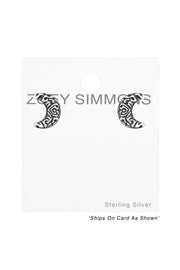 Sterling Silver Ethnic Crescent Moon Stud Earrings - SS