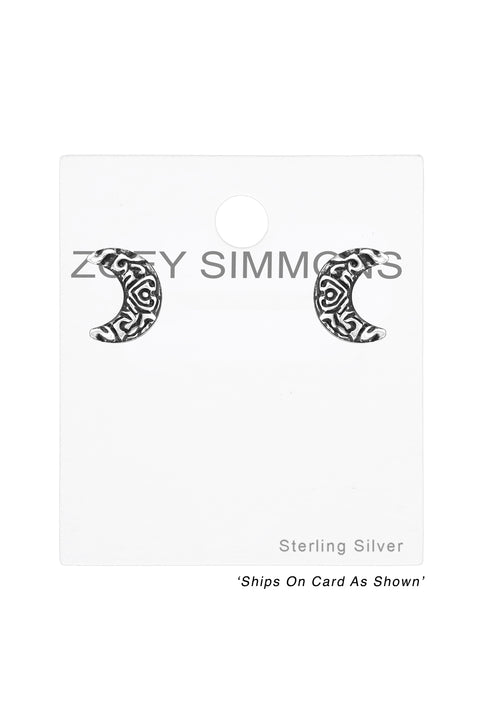 Sterling Silver Ethnic Crescent Moon Stud Earrings - SS