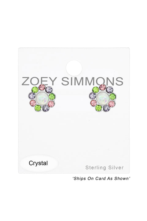 Sterling Silver Flower Ear Studs With Crystal and Opal - SS
