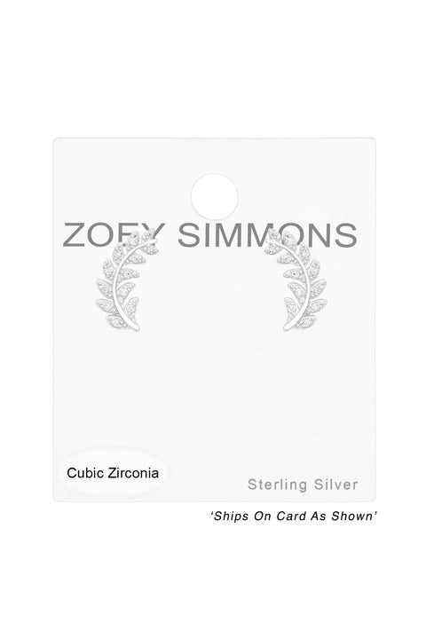 Sterling Silver Olive Leaf Ear Studs With CZ - SS