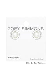 Sterling Silver Cricle Ear Studs & CZ & Synthetic Pearl - SS