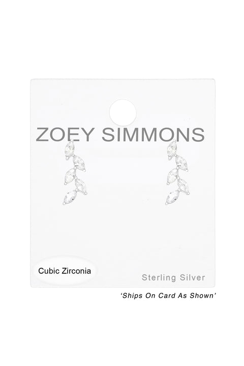 Sterling Silver Olive Leaf Ear Studs With CZ - SS