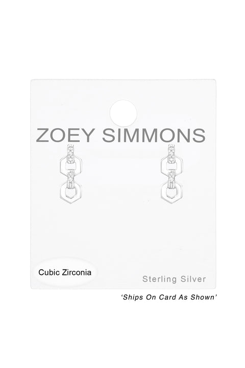 Sterling Silver Chain Links Ear Studs With CZ - SS