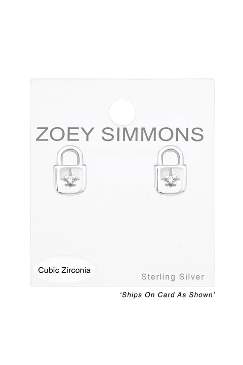 Sterling Silver Padlock Ear Studs With Cubic Zirconia - SS