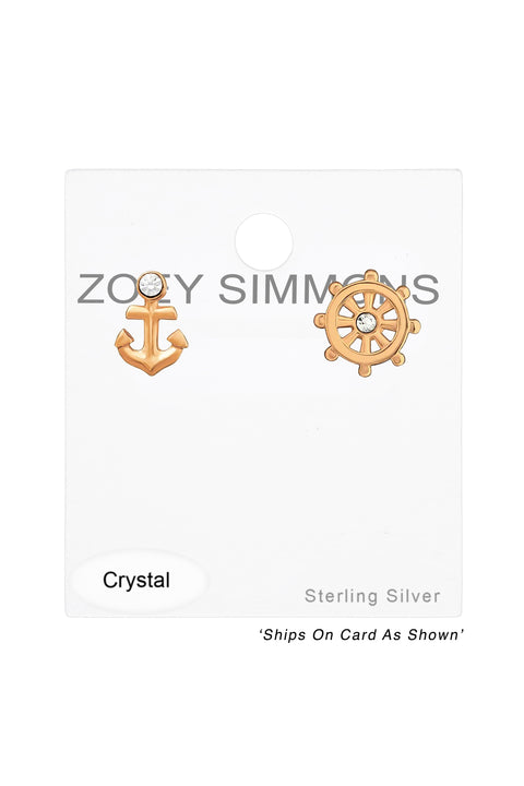 Sterling Silver Anchor and Wheel Ear Studs With Crystal - RG