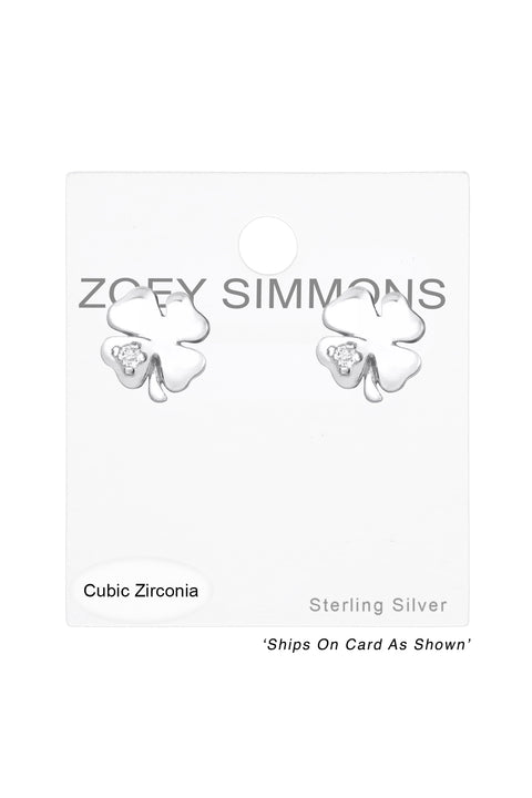 Sterling Silver Lucky Clover Ear Studs With CZ - SS