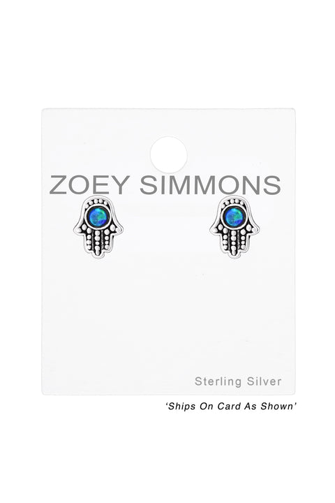 Sterling Silver Hamsa Ear Studs With Synthetic Opal - SS