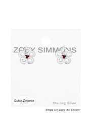 Sterling Silver Birthstone Flower Ear Studs With CZ - SS