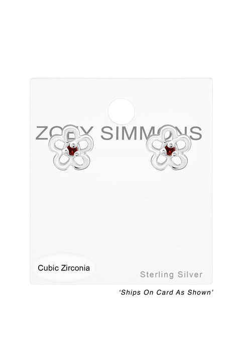 Sterling Silver Birthstone Flower Ear Studs With CZ - SS