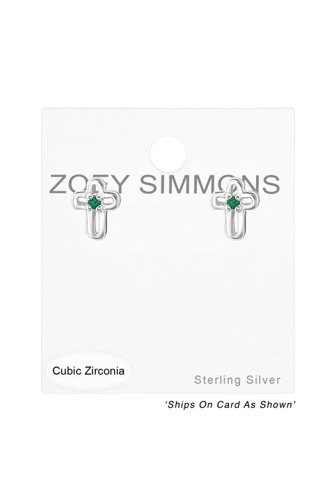 Sterling Silver Birthstone Cross Ear Studs With CZ - SS