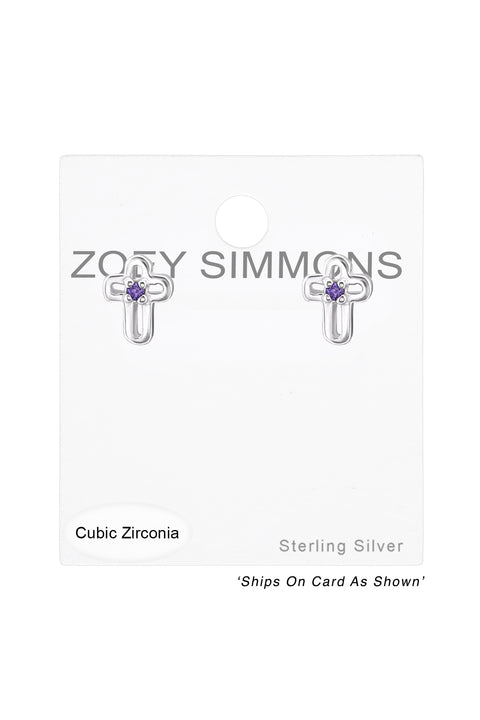 Sterling Silver Birthstone Cross Ear Studs With CZ - SS