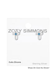 Sterling Silver Birthstone Cross Ear Studs With CZ - SS