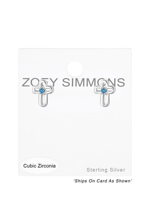 Sterling Silver Birthstone Cross Ear Studs With CZ - SS