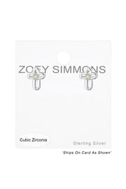 Sterling Silver Birthstone Cross Ear Studs With CZ - SS