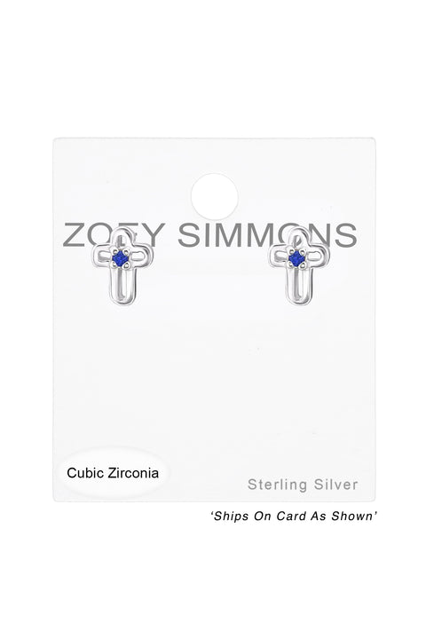 Sterling Silver Birthstone Cross Ear Studs With CZ - SS