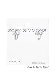 Sterling Silver Birthstone Cross Ear Studs With CZ - SS