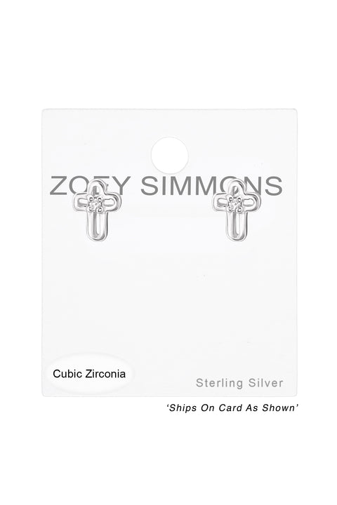 Sterling Silver Birthstone Cross Ear Studs With CZ - SS