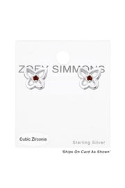 Sterling Silver Birthstone Butterfly Ear Studs With CZ - SS