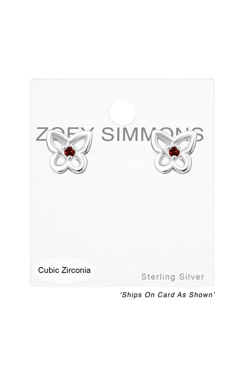 Sterling Silver Birthstone Butterfly Ear Studs With CZ - SS