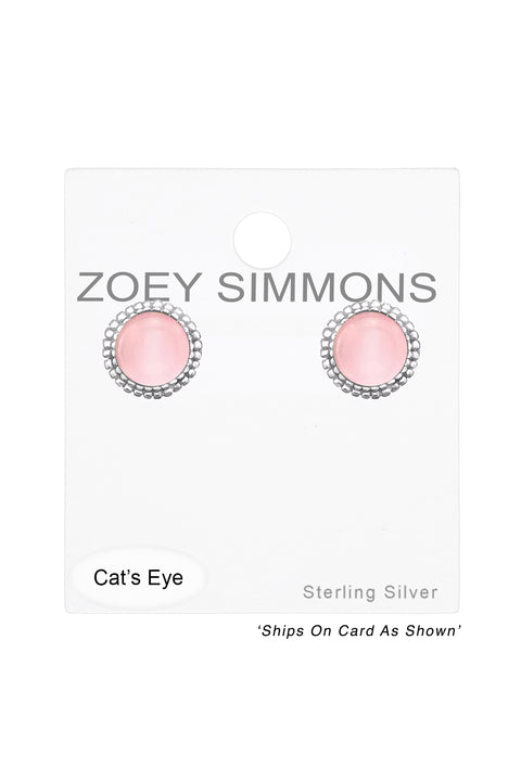 Sterling Silver Round Ear Studs With Cat Eye - SS