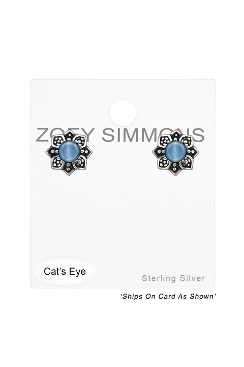 Sterling Silver Flower Ear Studs With Cat Eye - SS