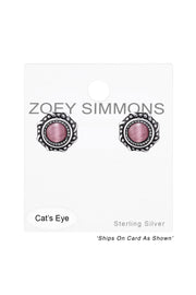 Sterling Silver Round Ear Studs With Cat Eye - SS