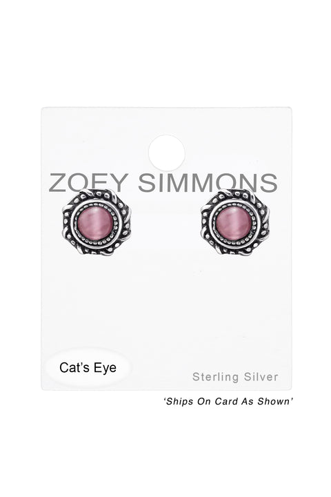 Sterling Silver Round Ear Studs With Cat Eye - SS