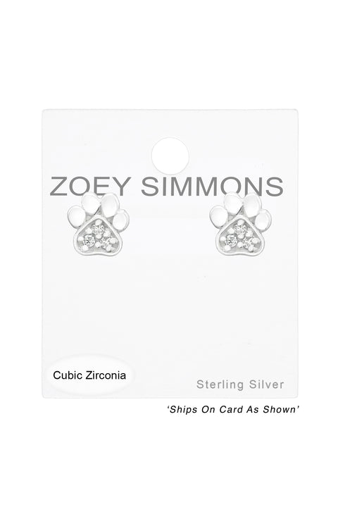 Sterling Silver Paw Print Ear Studs With Cubic Zirconia - SS