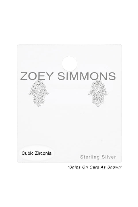 Sterling Silver Hamsa Ear Studs With Cubic Zirconia - SS