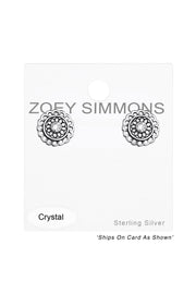 Sterling Silver Bali Round Ear Studs With Crystal - SS
