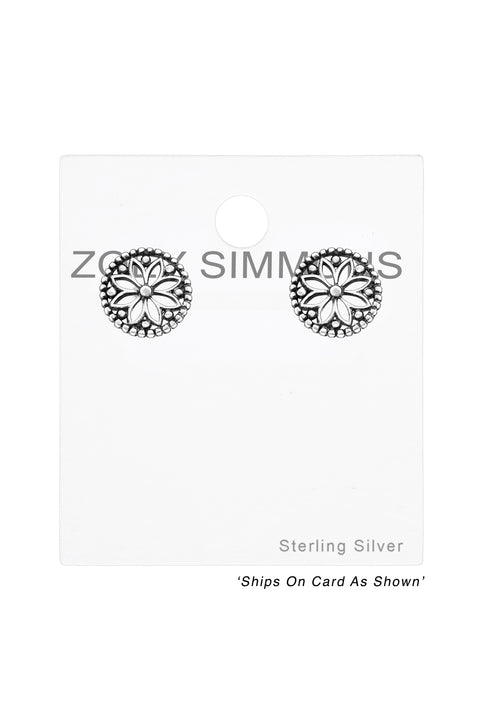 Sterling Silver Oxidized Flower Ear Studs - SS