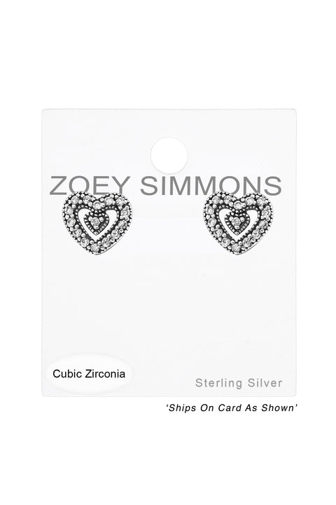 Sterling Silver Heart Ear Studs With Cubic Zirconia - SS