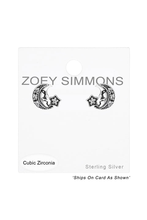 Sterling Silver Moon Ear Studs With Cubic Zirconia - SS