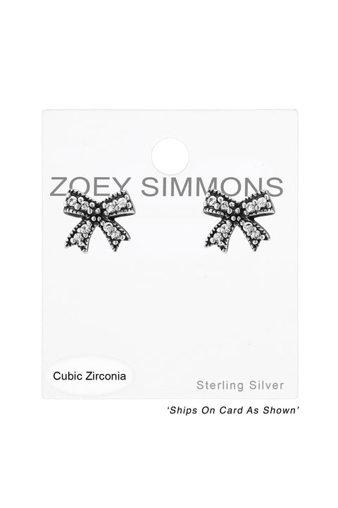 Sterling Silver Bow Ear Studs With Cubic Zirconia - SS
