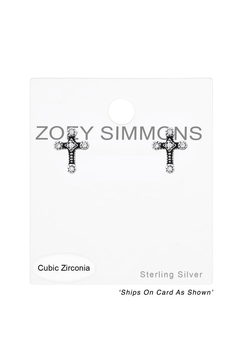 Sterling Silver Cross Ear Studs With Cubic Zirconia - SS